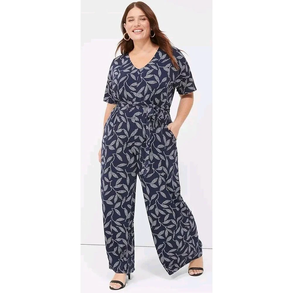 Lane Bryant Kimono Sleeve V-Neck Jersey Jumpsuit Leaves Flowy Chic Boho 14/16 - Picture 2 of 12